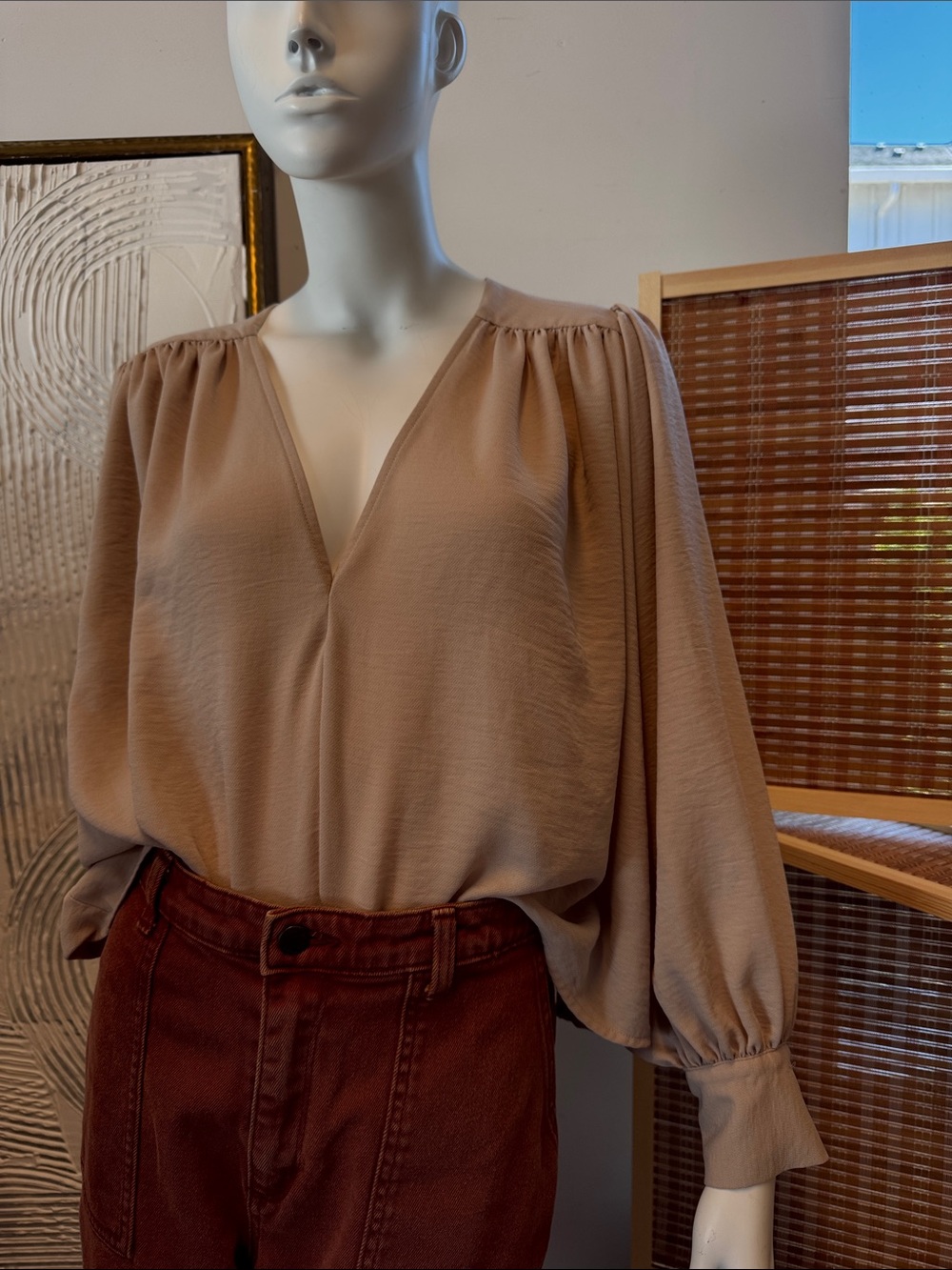 Prologue Taupe V-Neck Pleated Long-Sleeve Blouse N0337